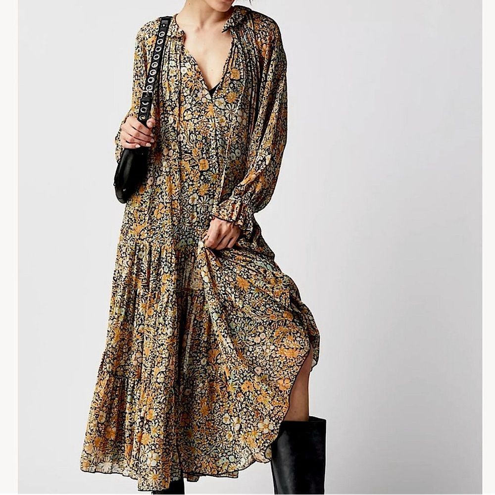 Free People Dress Feeling Groovy Floral Print Black Maxi • NEW • 🔥